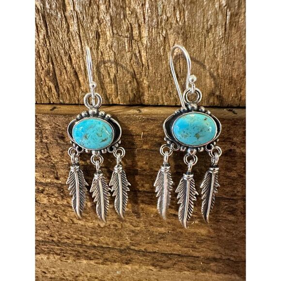 Navajo Sterling Silver & Turquoise Feather Dangle Earrings in Gift Box - Picture 1 of 14